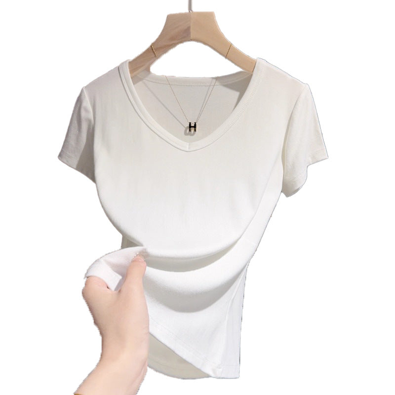 Threaded v-neck t-shirt women's short-sleeved front shoulder thin summer new high-end bottoming shirt collarbone temperament chic top
