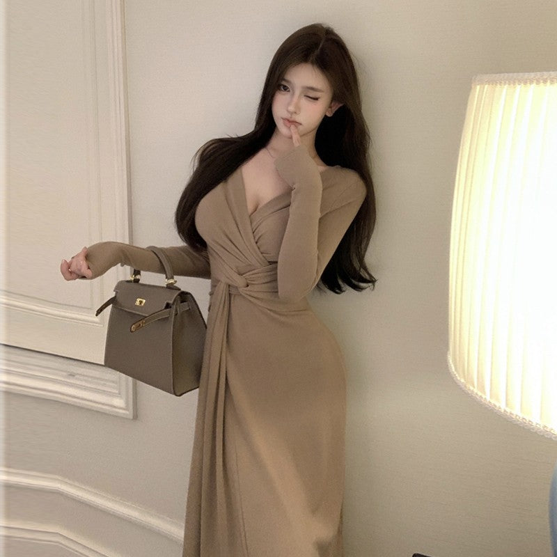 French V-neck kinky temperament slim bottom hip skirt straps long sleeves irregular waist gentle tie dress