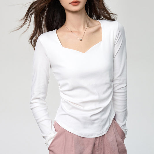 #40 combed pure cotton #peach heart square neck long-sleeved T-shirt women's autumn new pleated slim-fitting front shoulder top bottoming shirt