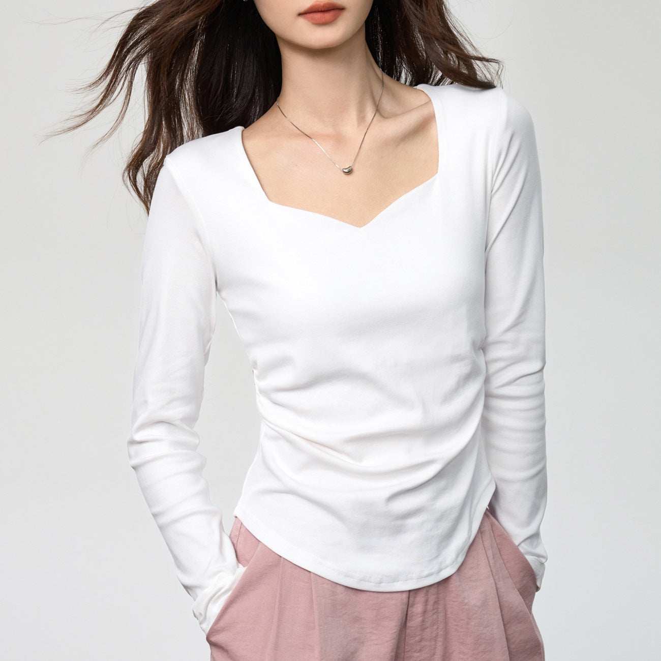 #40 combed pure cotton #peach heart square neck long-sleeved T-shirt women's autumn new pleated slim-fitting front shoulder top bottoming shirt