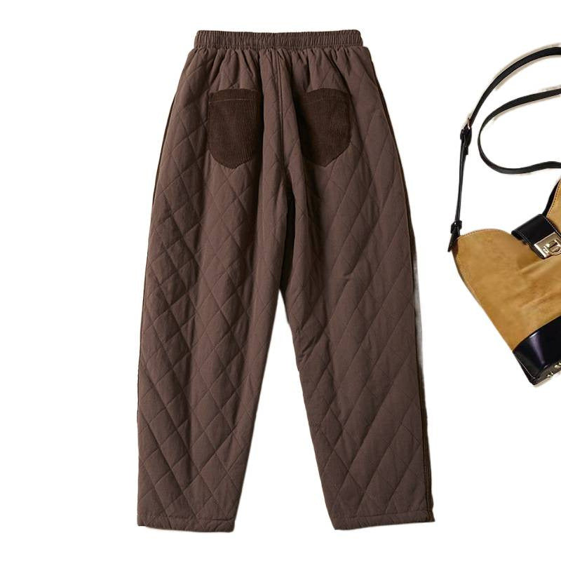 Real shot 2025 winter new retro rhombus padded cotton elastic waist warm Harlan pants casual thickened cotton pants women