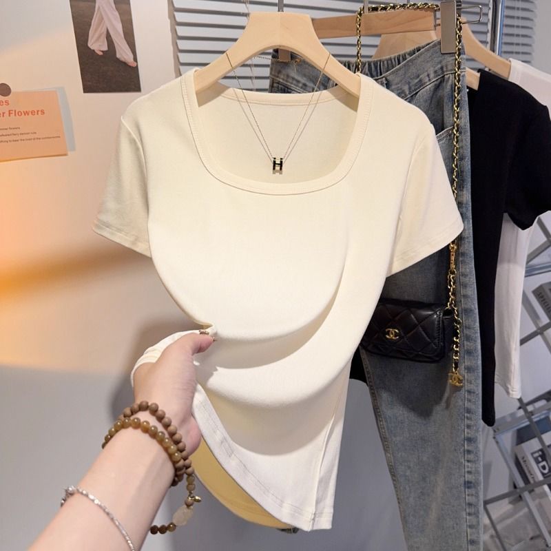 White square-neck T-shirt women's short-sleeved 2025 summer new sweet age-reducing high-end slim-fitting low-neck top