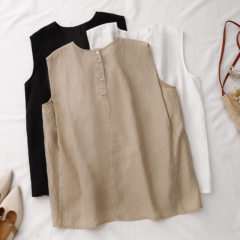 Real shot 2025 summer new literary loose solid color cotton and linen round neck sleeveless T-shirt women's vest top #9023