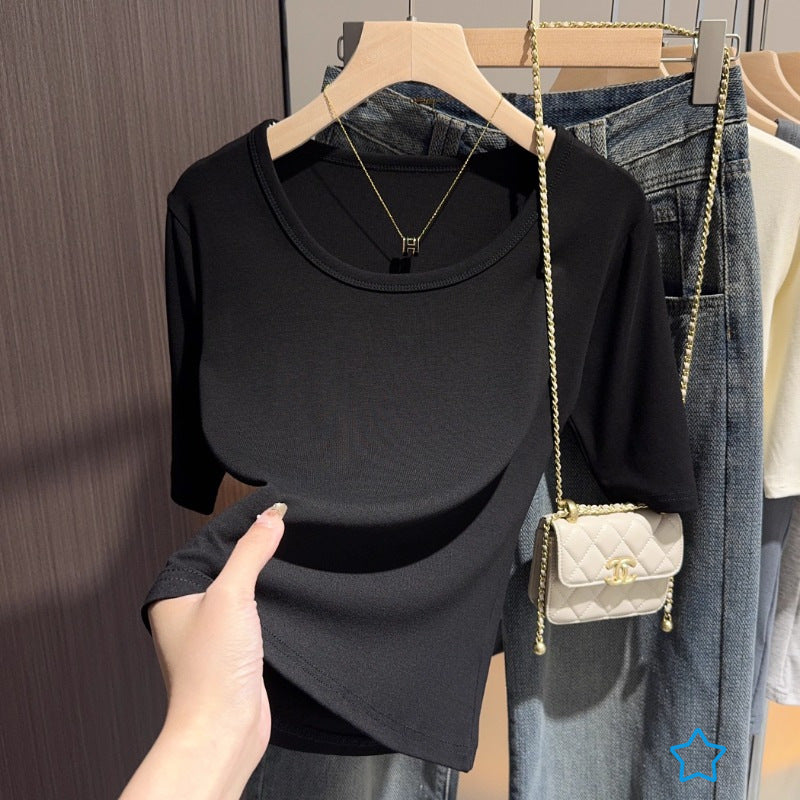 Gray knitted five-quarter-sleeved bottoming shirt T-shirt women's spring versatile half-sleeved U-neck medium-sleeved crew-neck top shirt