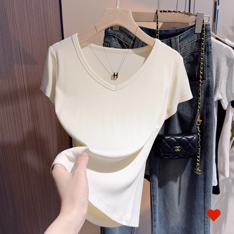 Black v-neck t-shirt women's short-sleeved front shoulder versatile summer new high-end bottoming shirt collarbone temperament Korean top