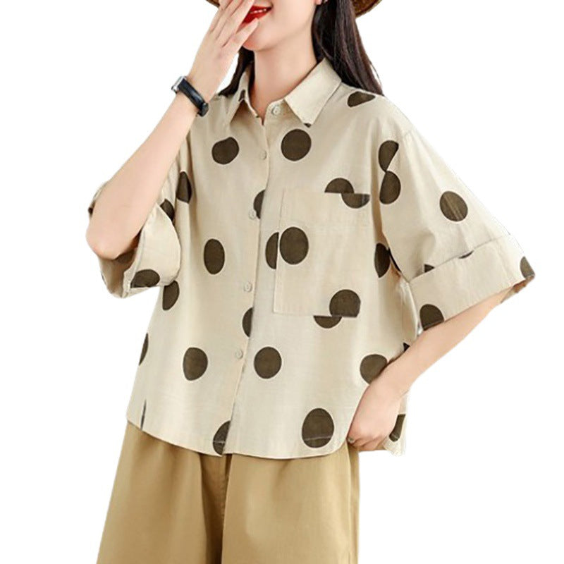 Real shot 2025 summer new literary loose polka dot lapel short-sleeved shirt blouse top #9531