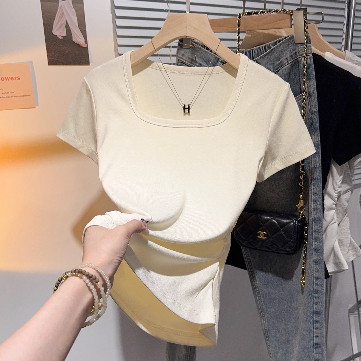 Square collar pure desire wind short-sleeved T-shirt women's summer 2025 new Spice Girl waist fold slim and thin shoulder top