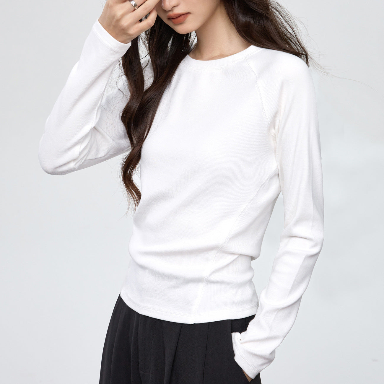 260G Youke silk, flower needle thread, seven pieces splicing heavy craftsmanship long-sleeved T-shirt women's simple solid color bottoming shirt top