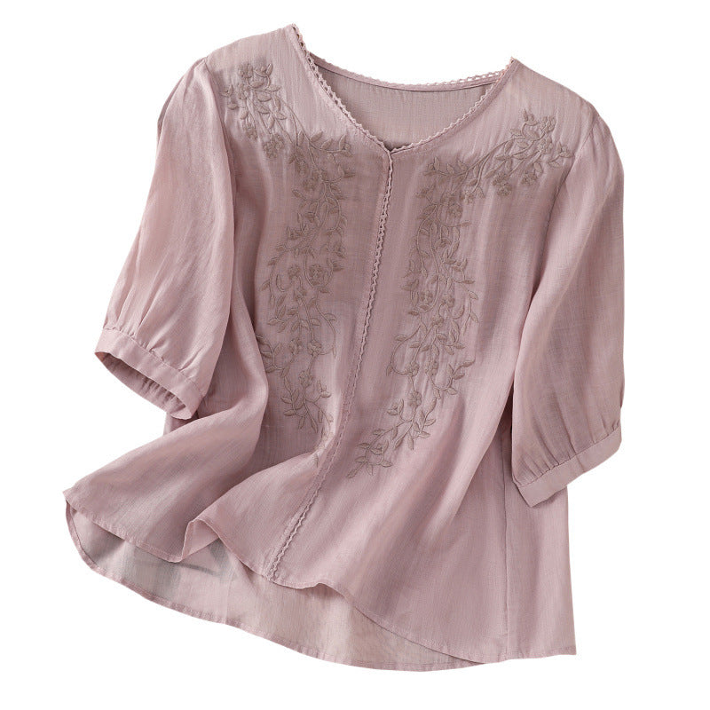 Real shot 2025 summer thin cotton and linen embroidery literary loose V-neck T-shirt shirt top women's clothing