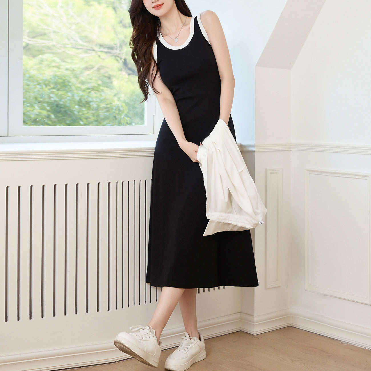 [Quality and high quality] Contrasting color design sense pendulum vest dress women's summer 2026 new pure cotton thin dress