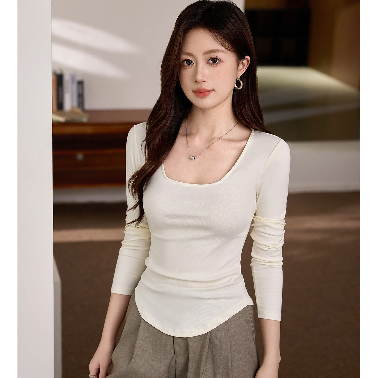 #Selection of pure cotton #square neck T-shirt women's long-sleeved 2026 autumn clothing new irregular curved slim-fitting and thin bottoming shirt