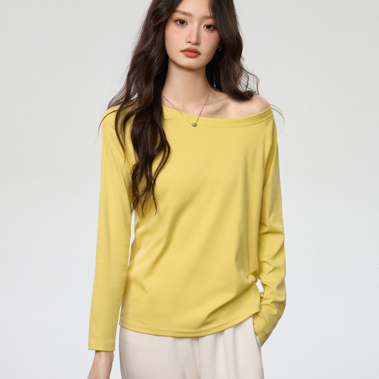 #40 combed cotton #slanted shoulder long-sleeved t-shirt women's early autumn round neck loose and thin one-word neck off-the-shoulder top
