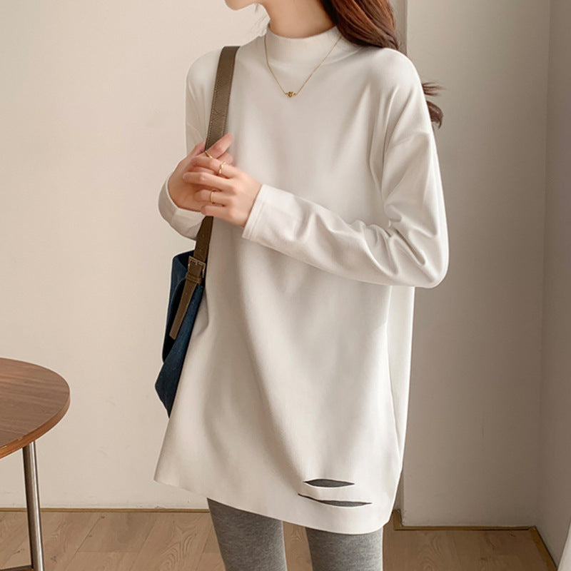 Medium and long loose German velvet white long-sleeved butt-covering t-shirt semi-turtleneck bottoming shirt women's velvet ripped clothes