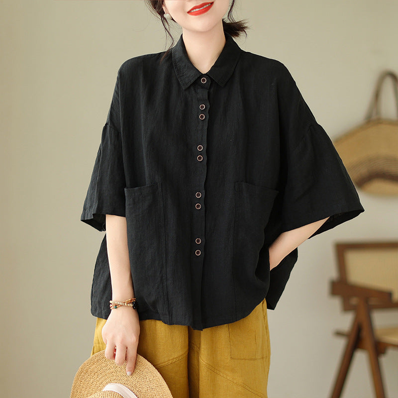 Real shot 2025 summer new literary loose solid color lapel short-sleeved shirt blouse top #702