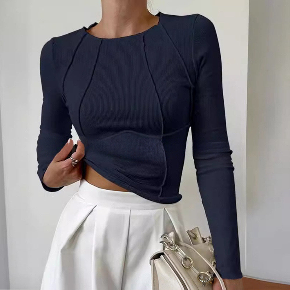 2025Shein European and American new spring and autumn cross-border foreign trade sweet and spicy solid color split chest long-sleeved crew neck T-shirt short