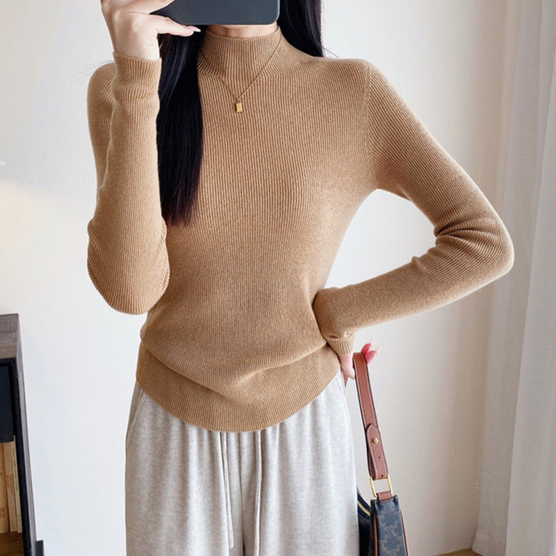 Seamless stand-up collar shiny silk wool bottoming shirt women's early autumn popular wear slim-fitting semi-turtleneck knitted sweater flash
