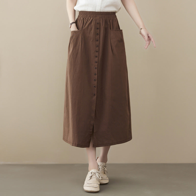 Real shot 2025 summer new literary loose solid color elastic waist skirt women's medium and long A-shaped skirt 2027 #