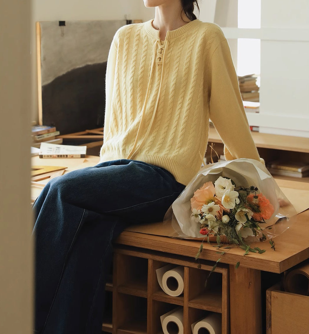 MELLIIY Spring 2025 New Commuter V-Neck Lace-up Merino Full Wool Cable Knit Sweater Woman