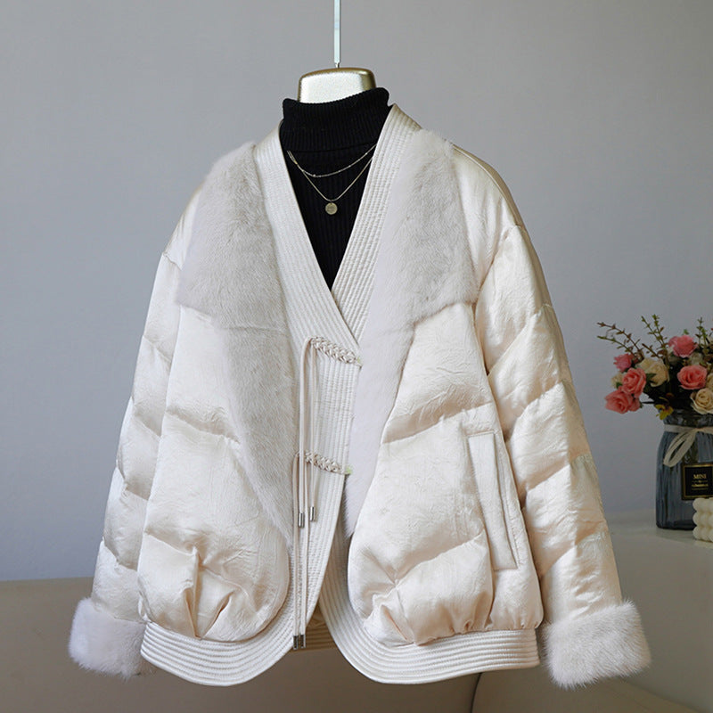 New Chinese-style imported full acetic acid splicing real fur fur goose down clothing V-neck autumn and winter down jacket foreign style advanced sense