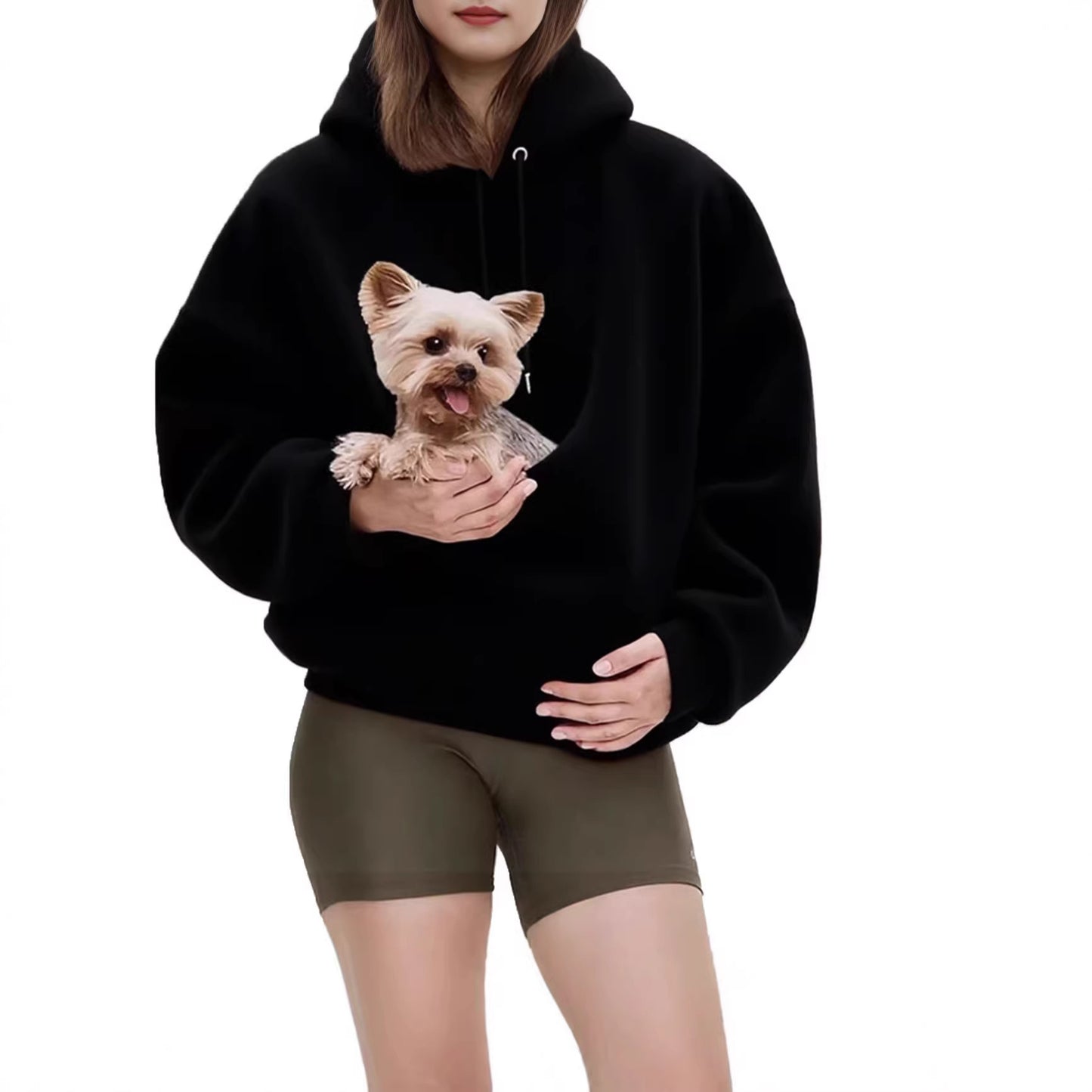2025 Amazon new model, European, American autumn and winter cross-border solid color hooded plush pet pocket loose pullover sweater women