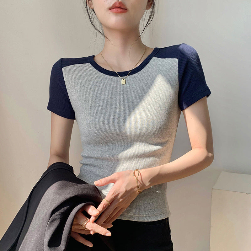 Excellent cotton splicing short-sleeved T-shirt women's summer foreign style design sense 2026 new slim-fitting and thin versatile bottoming shirt top