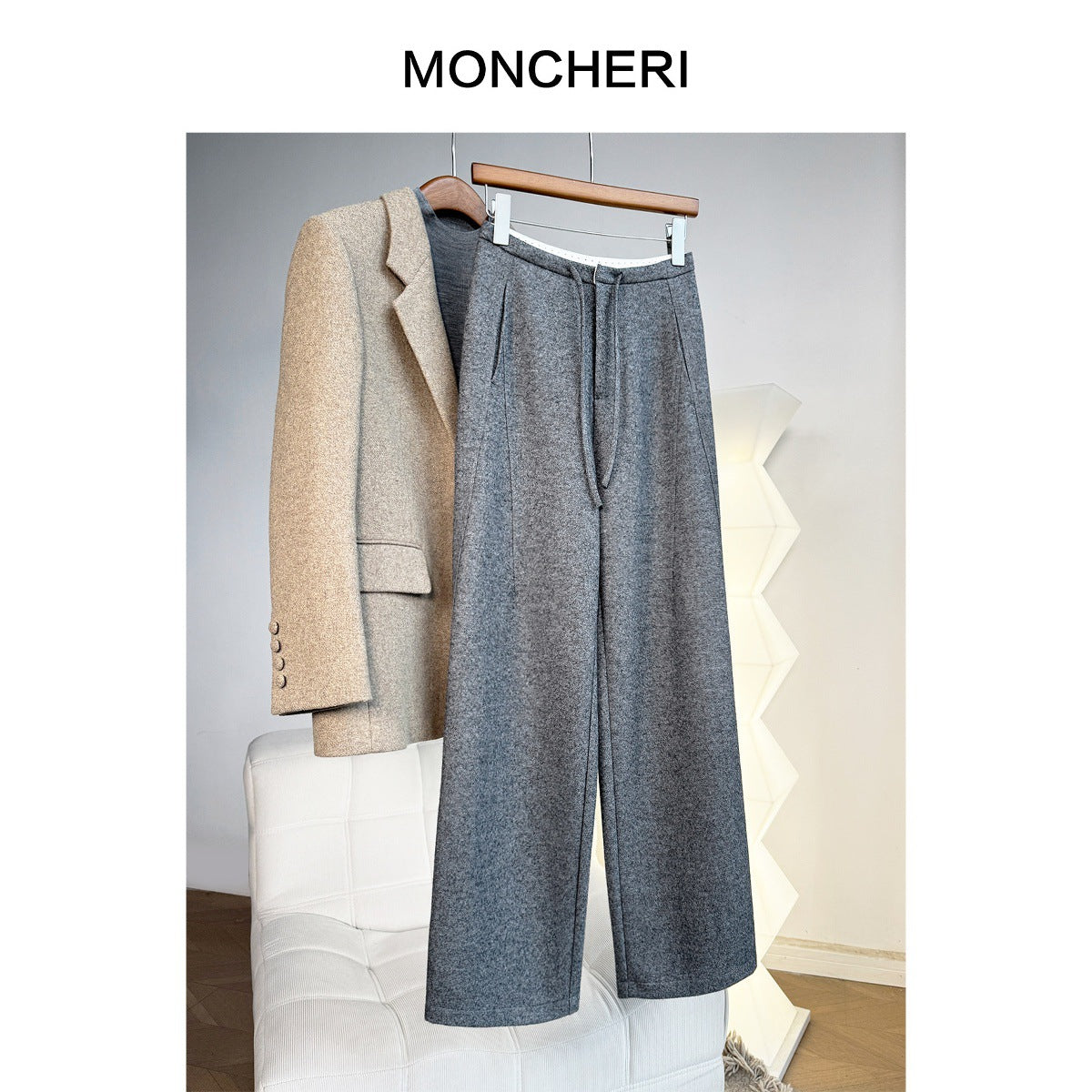 [Curve pants] Delicate waist design 3D three-dimensional diagonal pull side seam splicing hairy wide-leg straight pants women