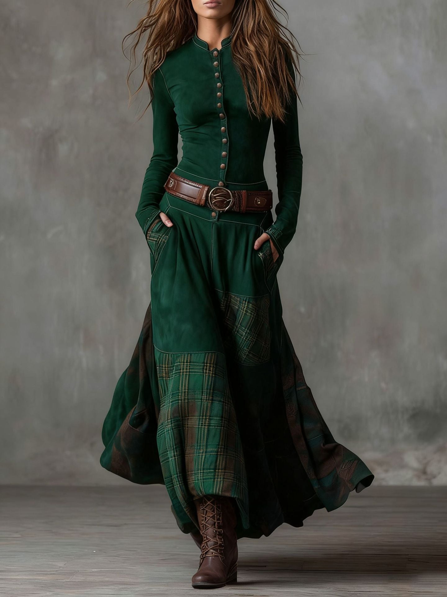 2025 Independent Station Foreign Trade Suede Plaid Collage Vintage Temperament Dress with Pocket Button Belt Belt