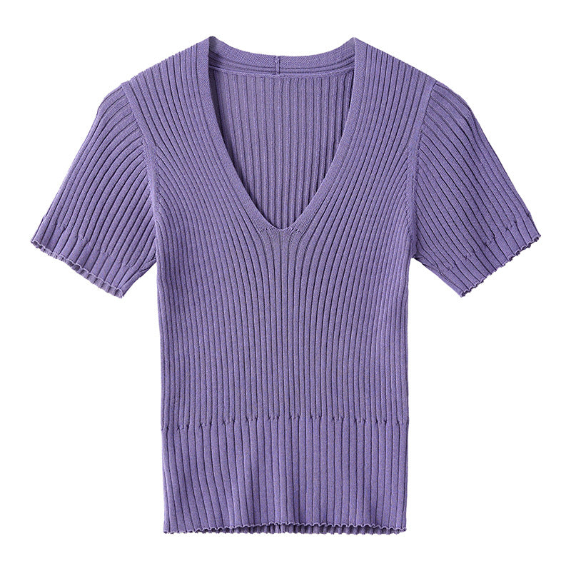 Temperament V-neck short-sleeved knitted sweater women's summer 2026 new Spice Girl pure desire wind slim T-shirt slim pink top