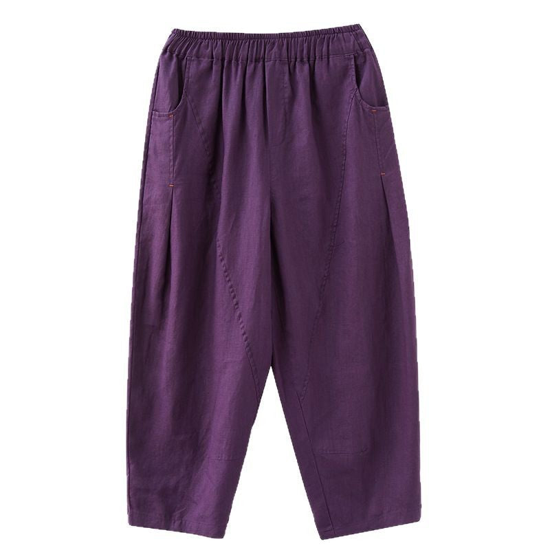 Real shot 2025 summer new loose splicing solid color cotton and linen elastic waist Harlan pants nine-point pants women's 1237 #