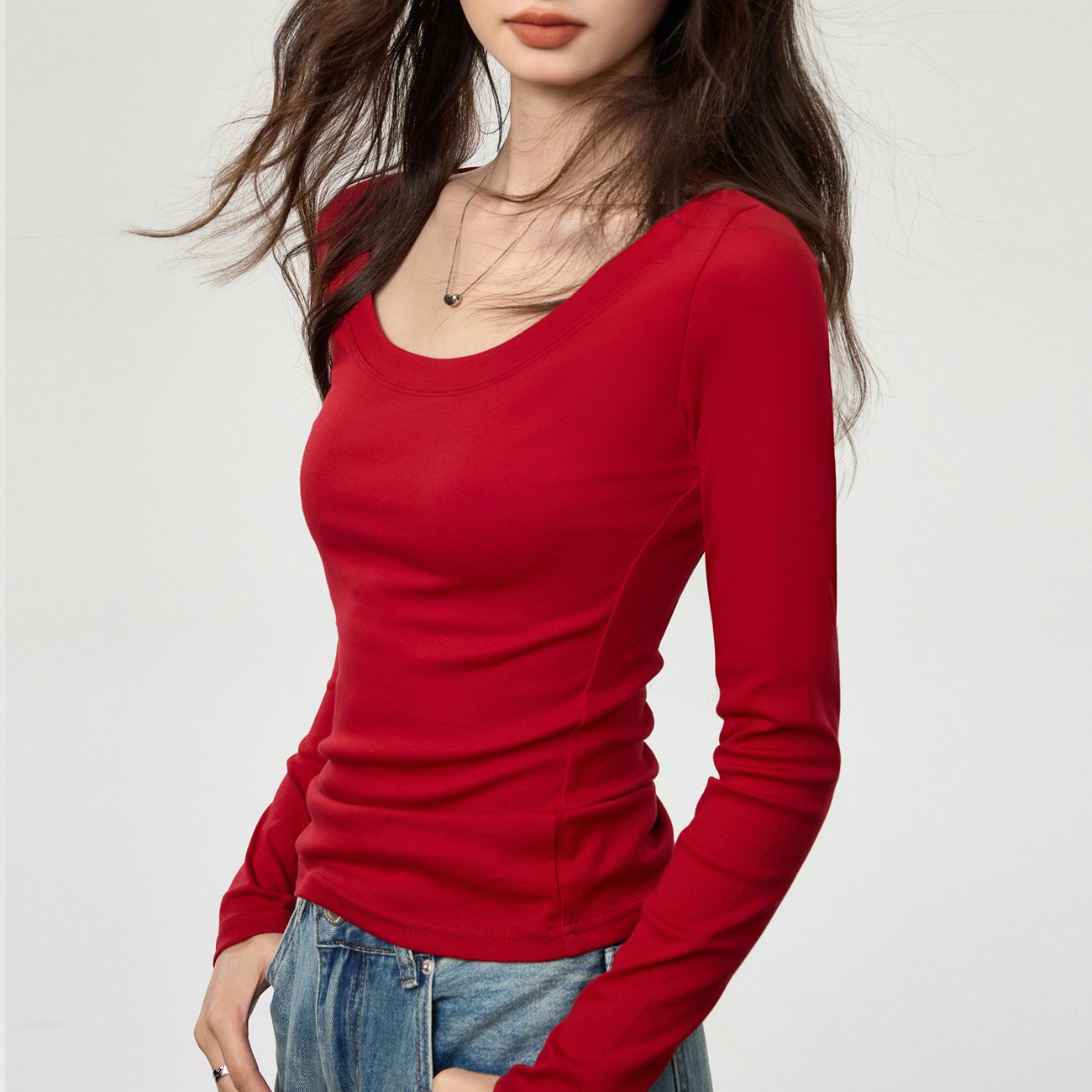 Combed pure cotton bottoming shirt women's autumn new foreign style U-neck long-sleeved t-shirt slim-fitting versatile simple solid color inner top