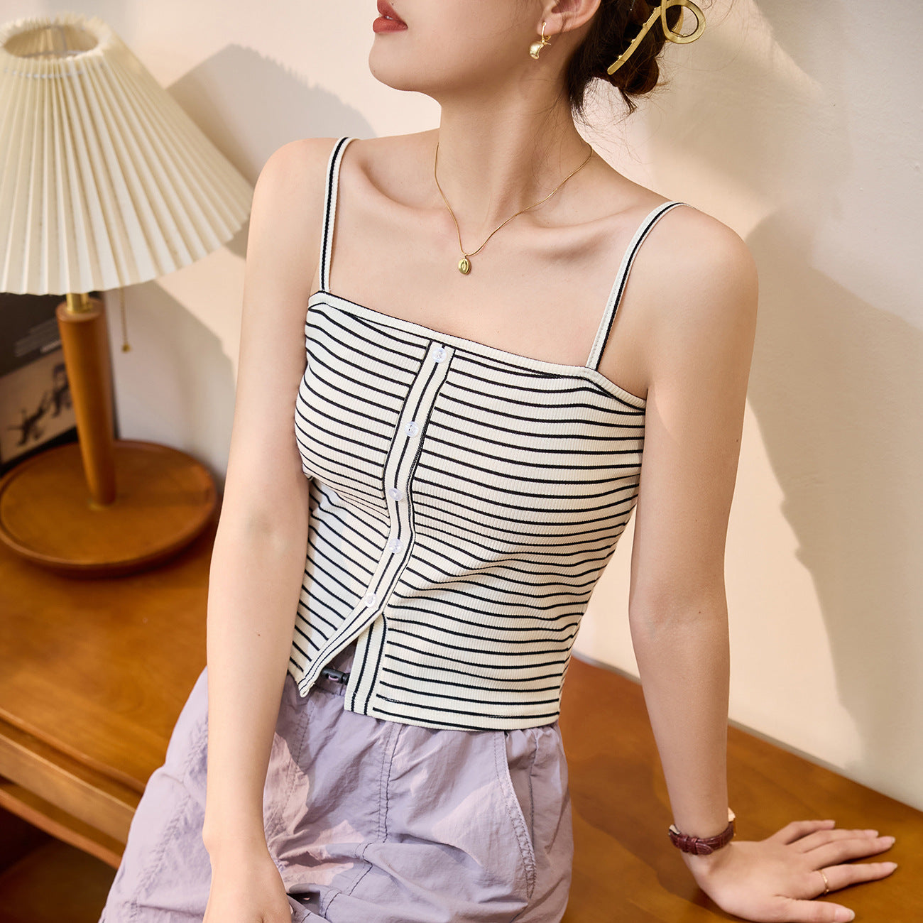 #Combed pure cotton #Design sense striped sling vest women's summer 2026 new Spice Girl off-the-shoulder bottom top