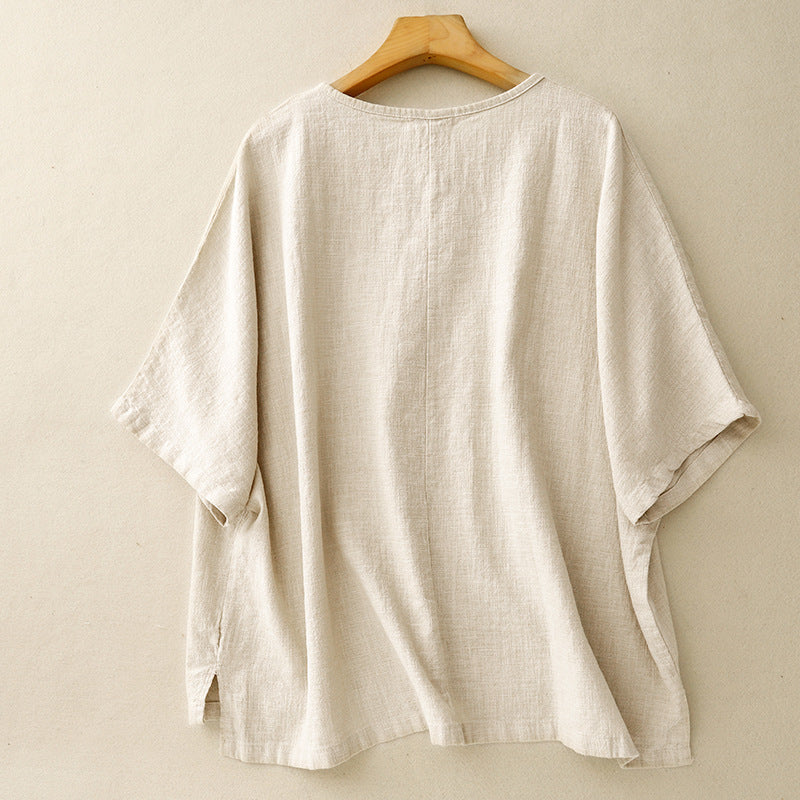 Real shot 2025 summer new literary loose solid color cotton and linen round neck short-sleeved T-shirt women's top 8056 #