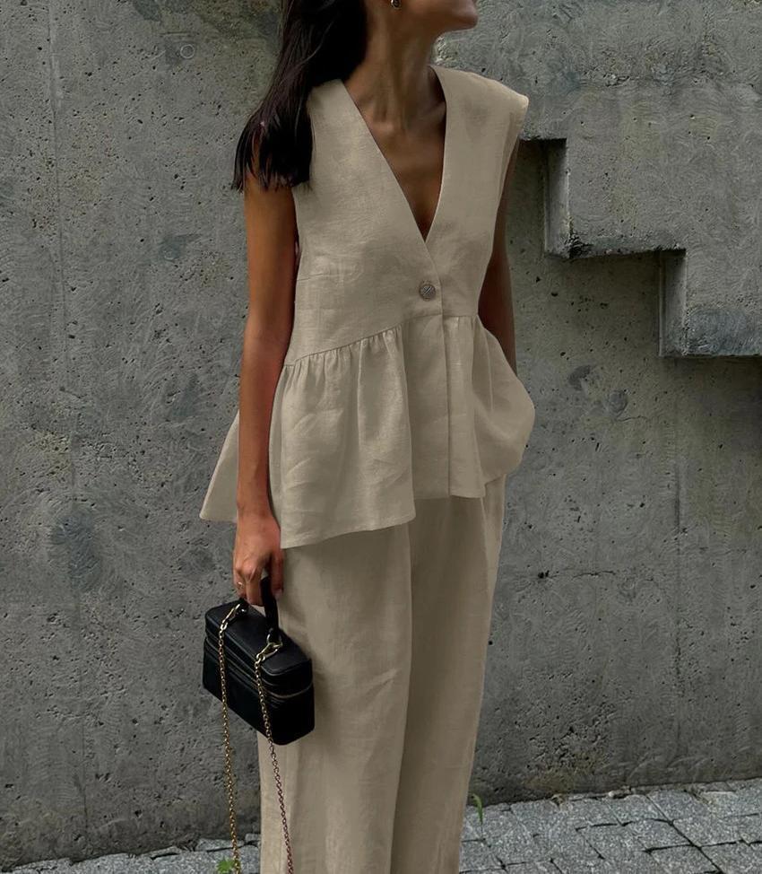 2025 cotton V-neck sleeveless top vest trousers set women's European and American new solid color temperament commuter two-piece set