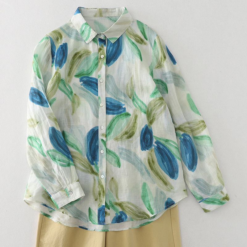 Real shot 2025 spring thin blue-green ink splashing printing French fresh shirt top women #1080