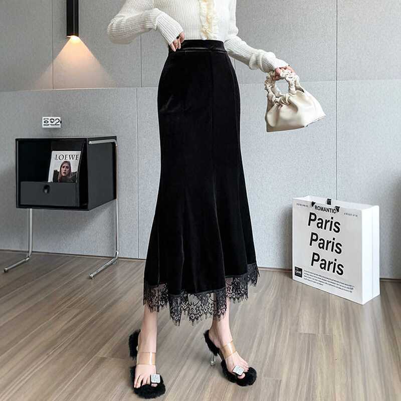 Golden velvet skirt women's 2024 autumn new Korean version of the pendant feeling hip skirt high waist and thin lace fishtail skirt