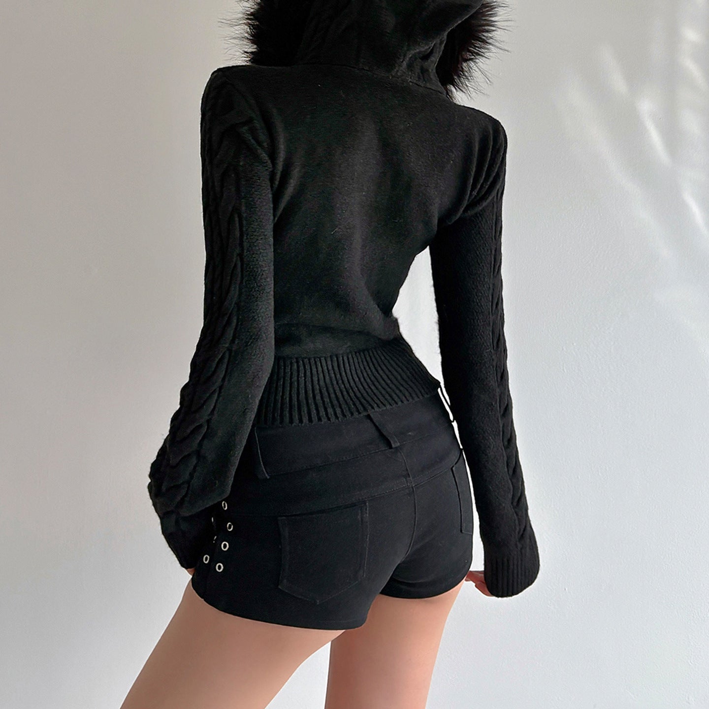 American retro fluffy hooded zipper cardigan twist sweater autumn and winter slim waist short Spice Girl new coat