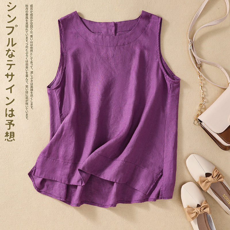 Real shot 2025 summer new literary loose solid color cotton and linen round neck sleeveless T-shirt women's vest top 9288 #
