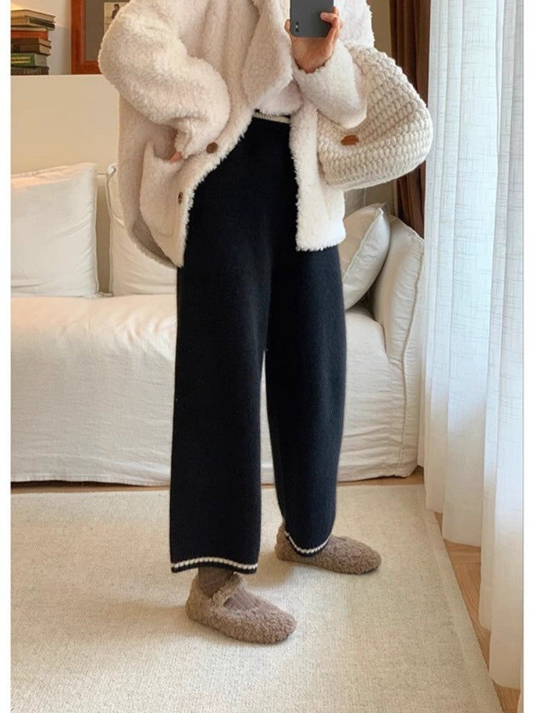 Wool knitted pants gray pants women's 2024 new autumn and winter small nine-point wide-leg pants grandma pants wool pants