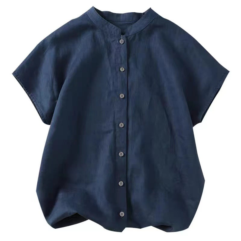 2025 summer new literary loose solid color cotton and linen stand-up neck short-sleeved shirt women's shirt top #8889