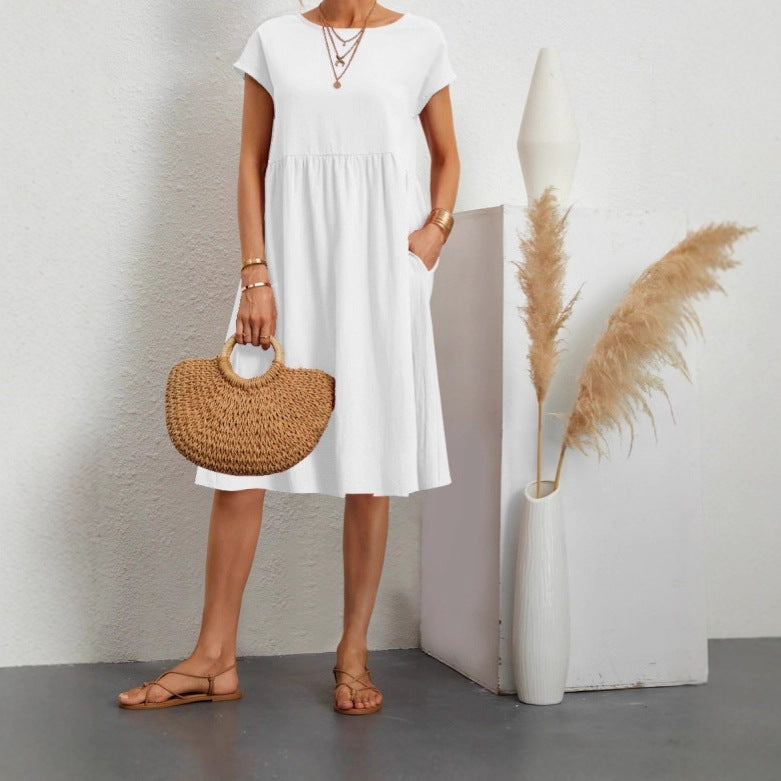 Amazon 2024 summer cross-border supply OL temperament women's clothing cotton round neck A-shaped skirt dress manufacturer wholesale women