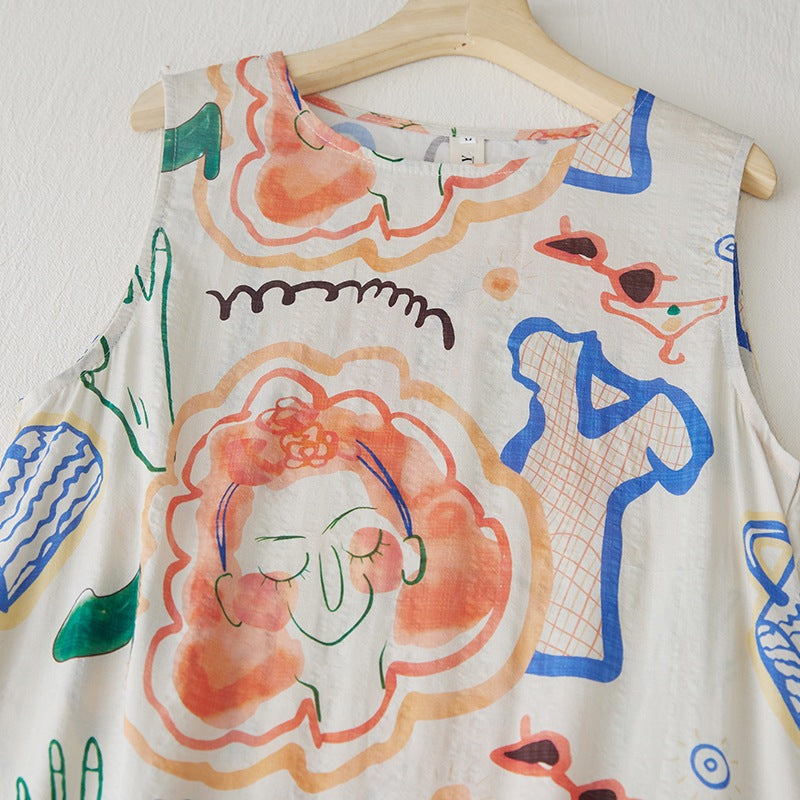 2025 summer new literary loose dopamine graffiti print sleeveless vest dress women