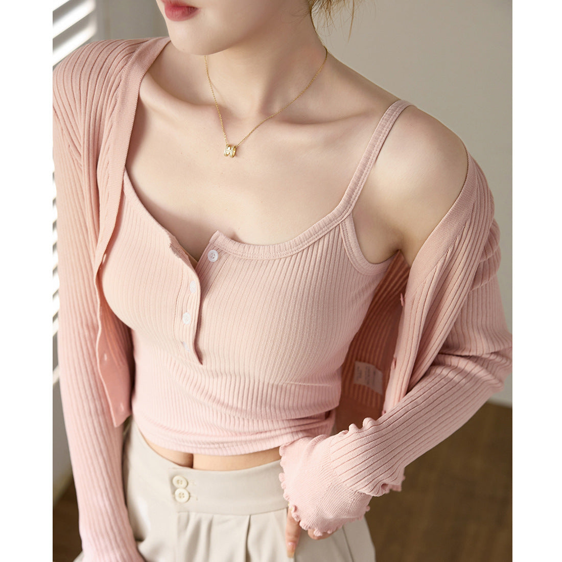 Premium Maillard cotton sling vest women's summer button 2026 new base with pure desire backless top