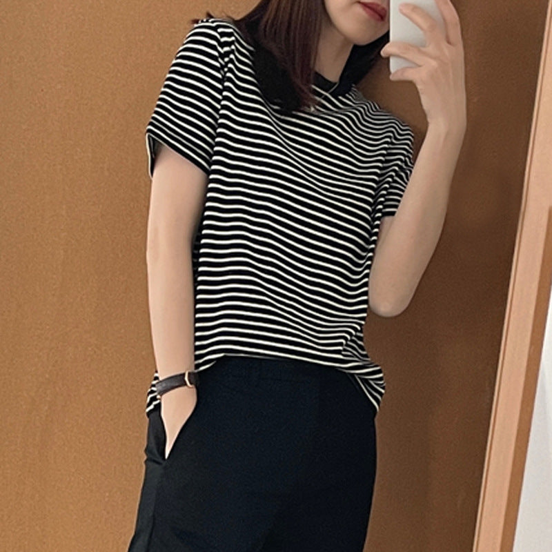 Selection of pure cotton black and white striped short-sleeved t-shirt women's summer 2026 new Korean version of round neck loose and thin versatile top