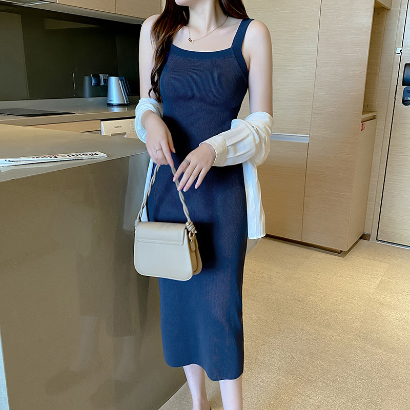 Cover the breasts, wide shoulders, suspender dress, women's summer 2026 new knee vest, long dress, slim and thin, fashionable and versatile