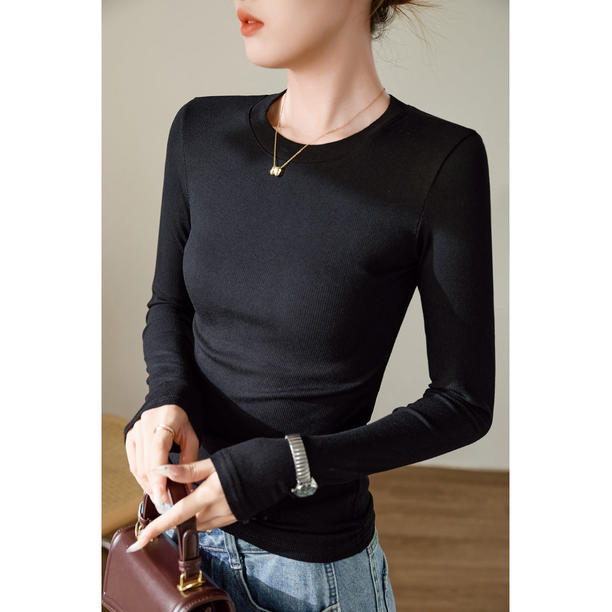 300g selection of high elastic thin thread cotton long-sleeved bottoming shirt women's 2026 autumn new versatile and thin top t-shirt