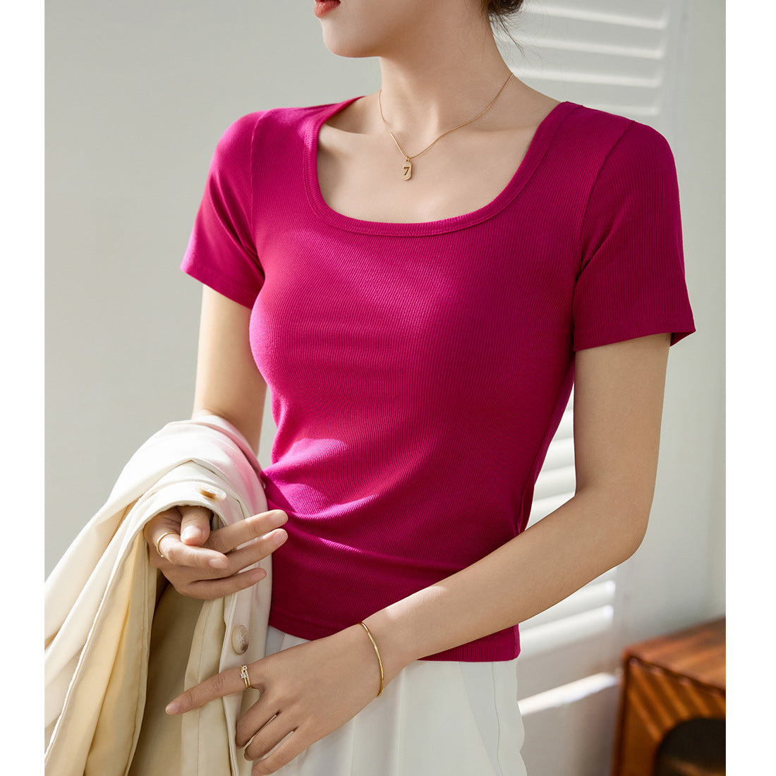 [Use good materials] High elastic threaded cotton 2026 summer new versatile T-shirt women's short-sleeved top square neck bottoming shirt