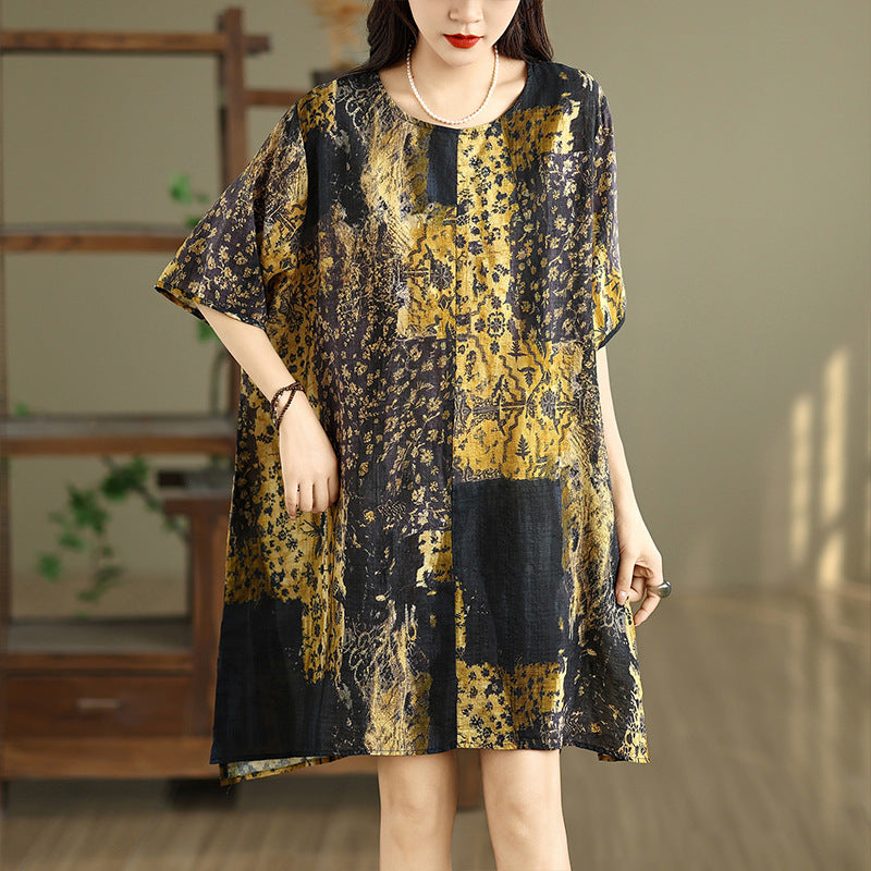 2025 summer thin round neck pullover dress women's loose large size retro literary floral A version medium skirt