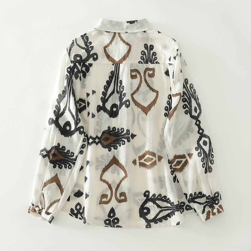 2025 early autumn new cotton and linen literary and retro loose printing long-sleeved shirt top women