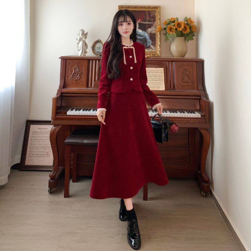 Large size French small fragrant style red corduroy fashion suit skirt women's autumn and winter temperament thin skirt two-piece set