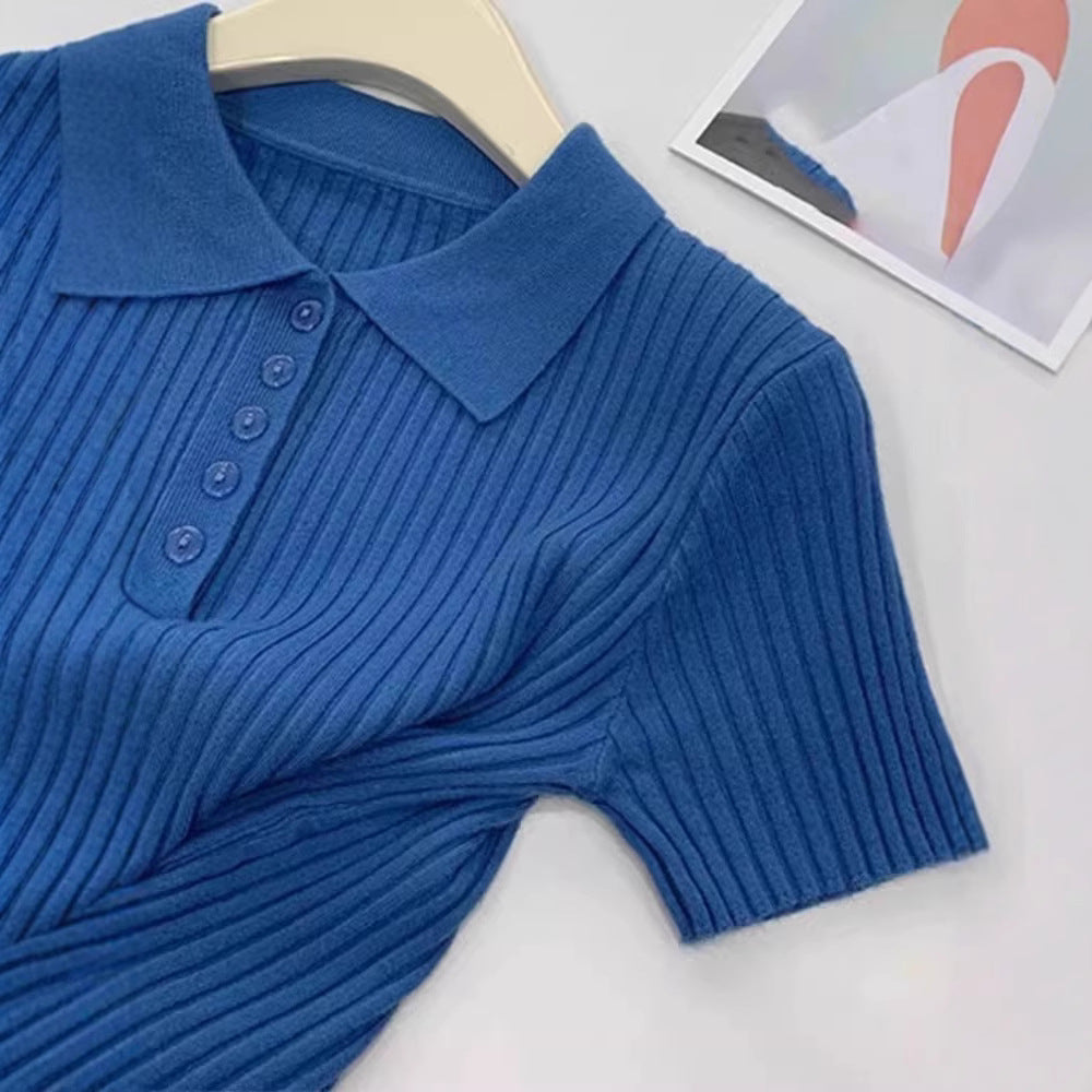 This year's popular polo collar blue knitted short-sleeved T-shirt women's 2025 new slim slim and slim foreign age-reducing top